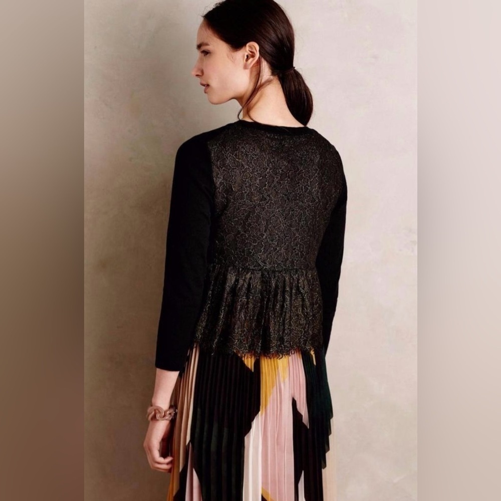 Anthropologie | Knitted & Knotted | Afterword Black Lace Peplum Cardigan Sweater